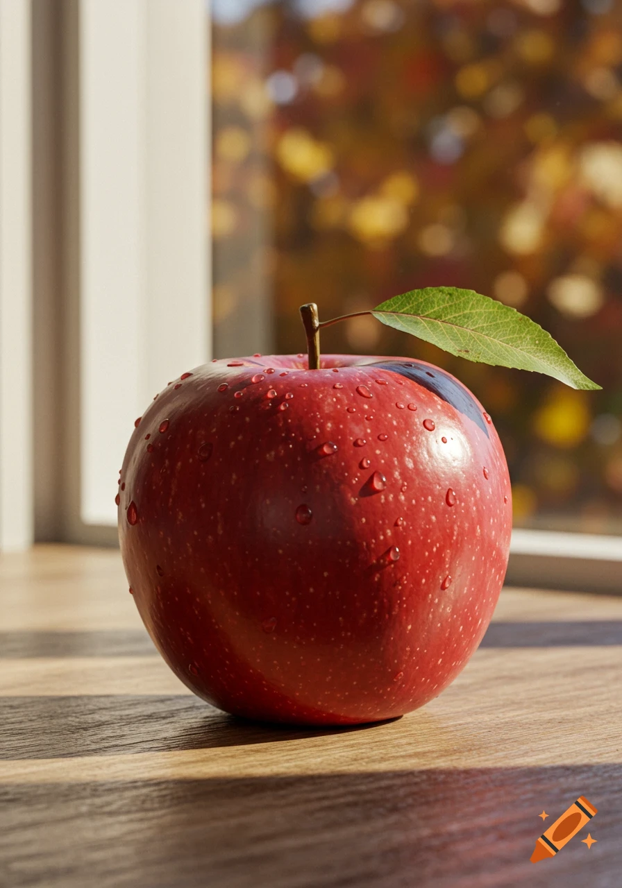 Photorealistic red apple with water droplets and a leaf on a wooden surface by a window with autumn colors.