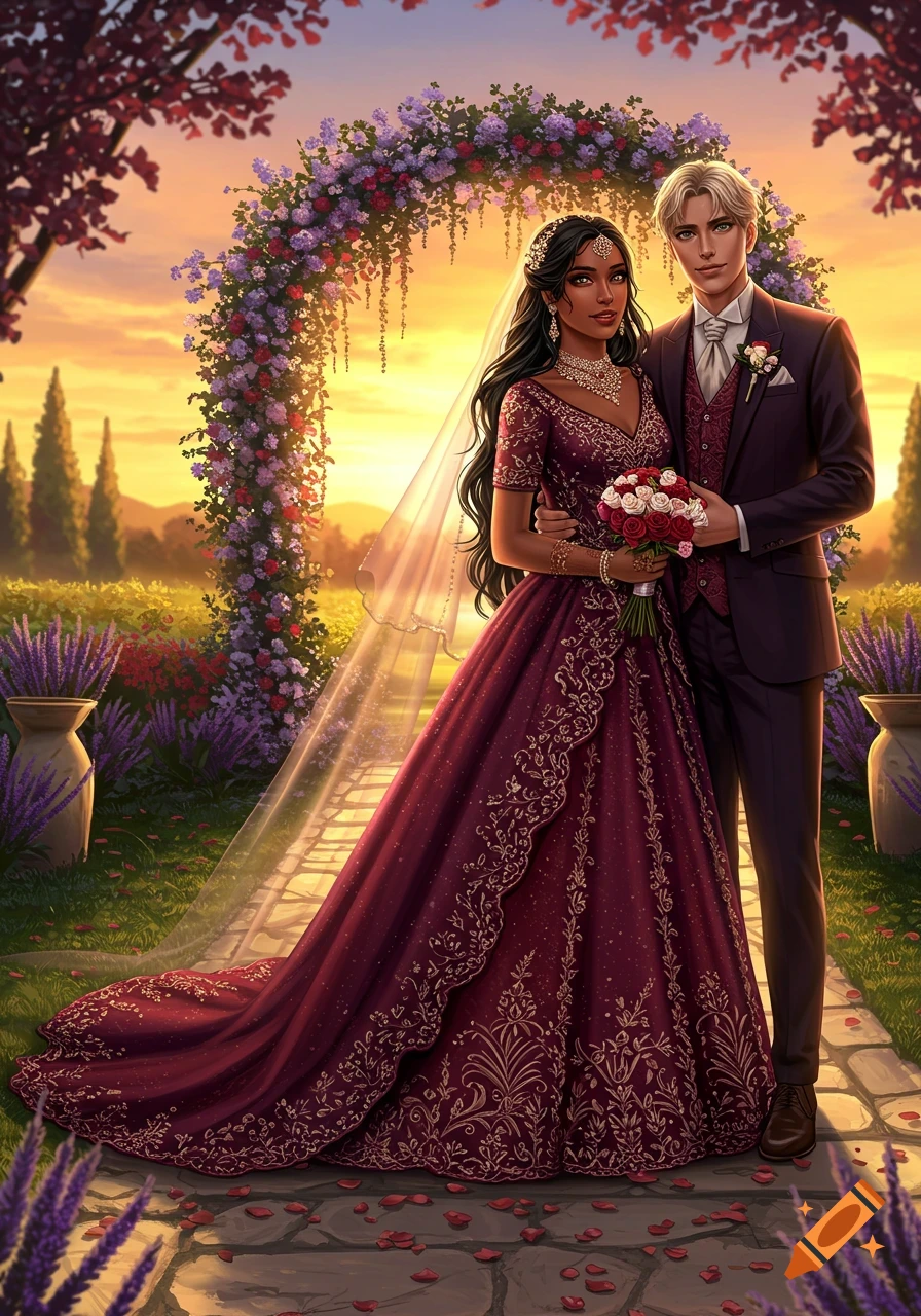 A couple, dressed for their wedding, stands under a floral archway in a vibrant garden at sunset in a stylized art style.