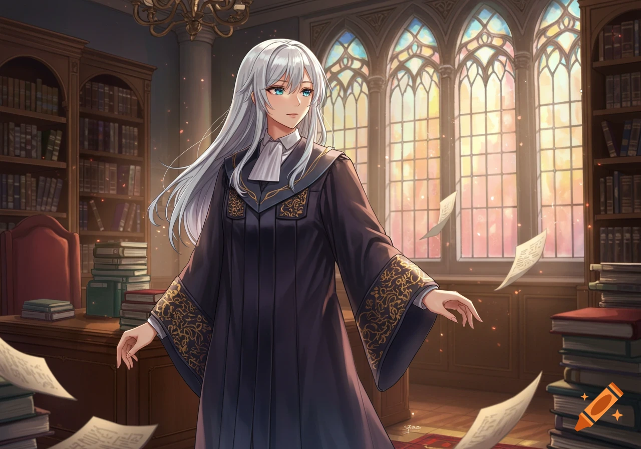 An anime woman with long white hair wearing a dark academic robe stands in a library with papers floating around, sunlight streams through large arched windows.
