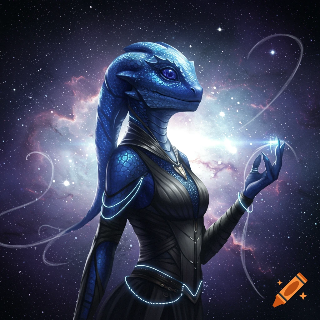 A blue reptilian alien in a dark outfit stands in space, interacting with a glowing light.