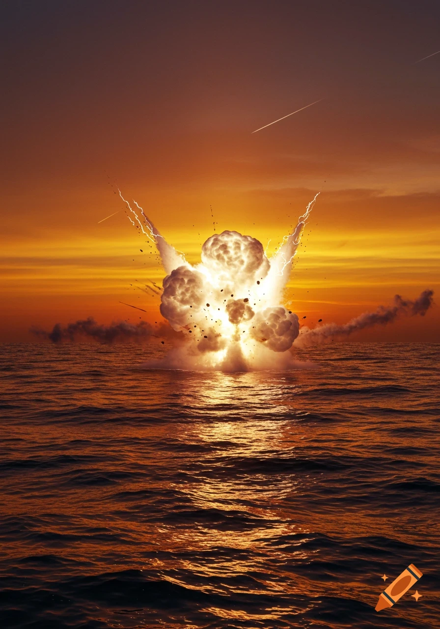 A large explosion erupts from the ocean with bright light, debris, and lightning against a vibrant orange and purple sunset sky.