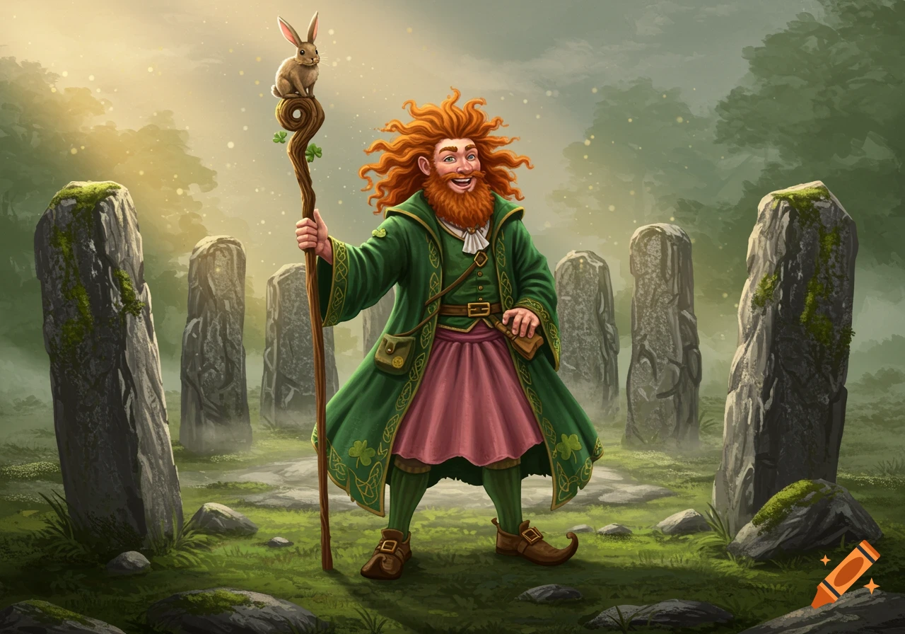A cheerful, red-haired Irish wizard in green robes and a pink skirt holds a staff with a rabbit, standing among ancient stones.