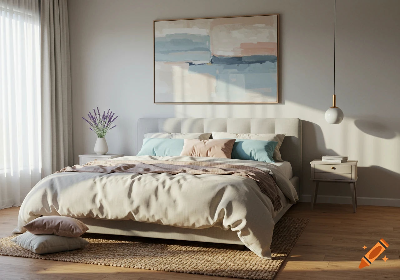 A bright, modern bedroom with a bed, light bedding, colorful pillows, two nightstands, a lavender vase, and an abstract painting. Sunlight streams through the window.