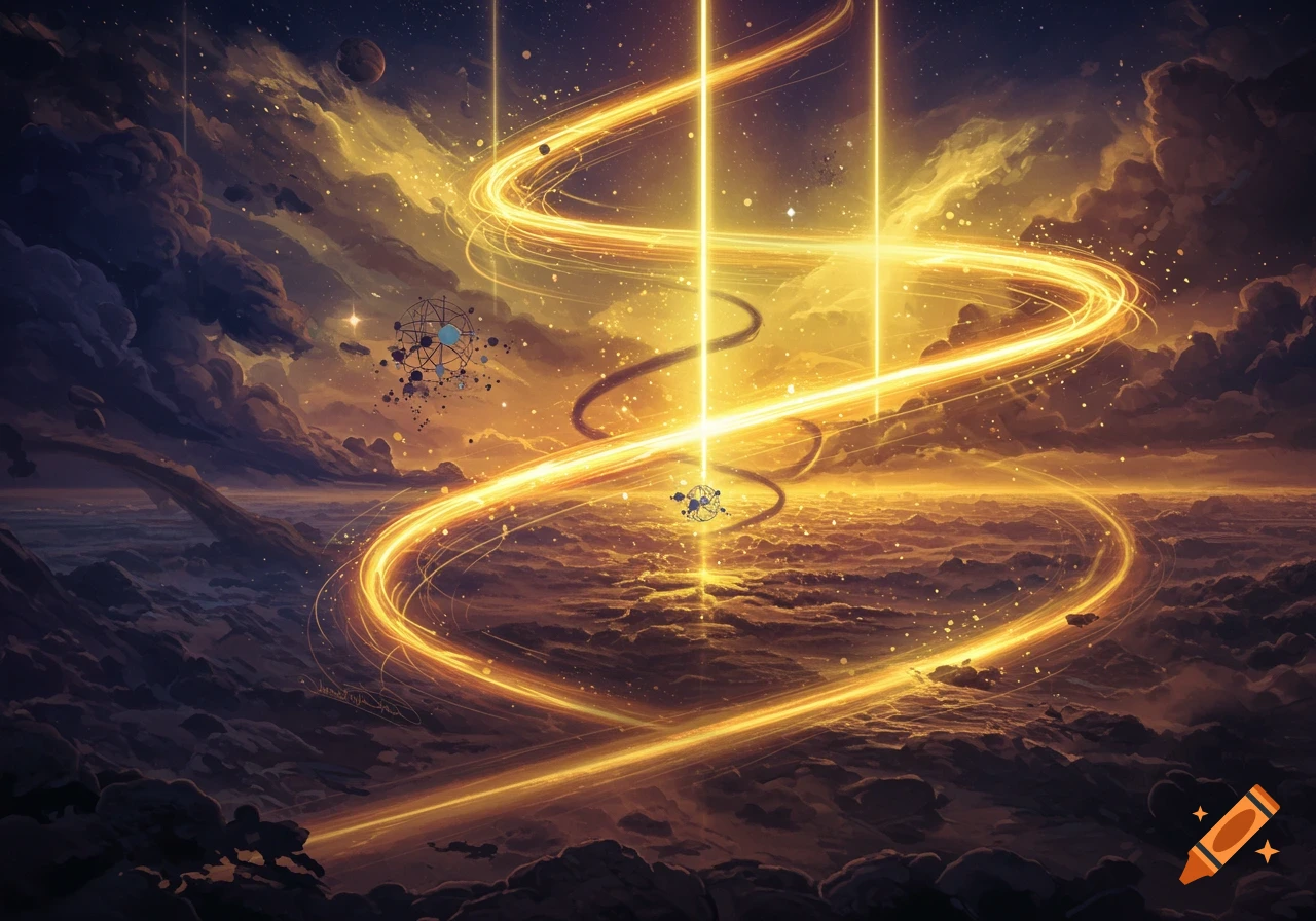 Vibrant abstract cosmic landscape with golden light beams spiraling through dark, cloudy skies above a textured surface.