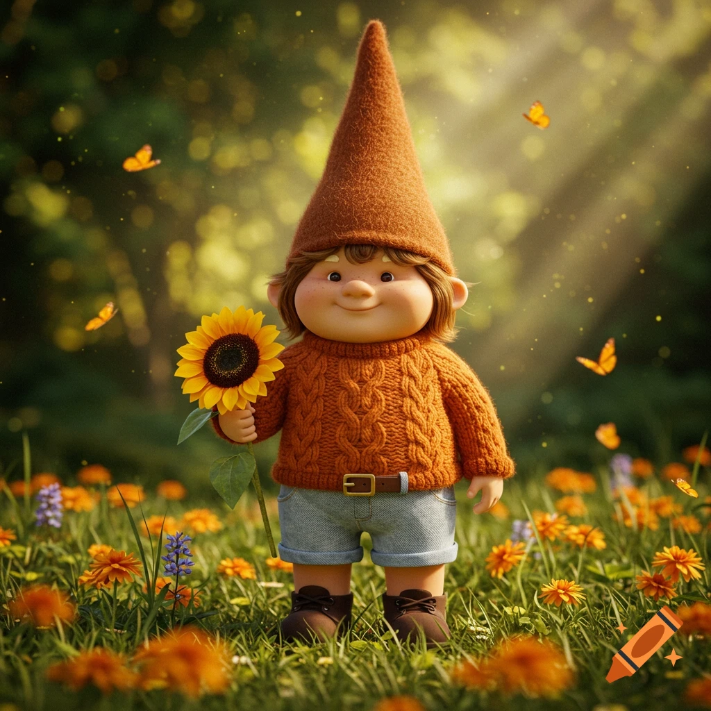 A cute gnome with a brown hat and orange cable knit sweater holds a sunflower in a sunny field with butterflies.
