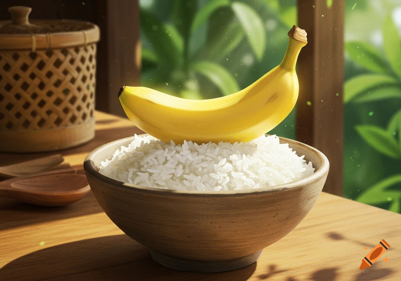 A vibrant yellow banana rests atop a bowl of fluffy white rice on a wooden table.