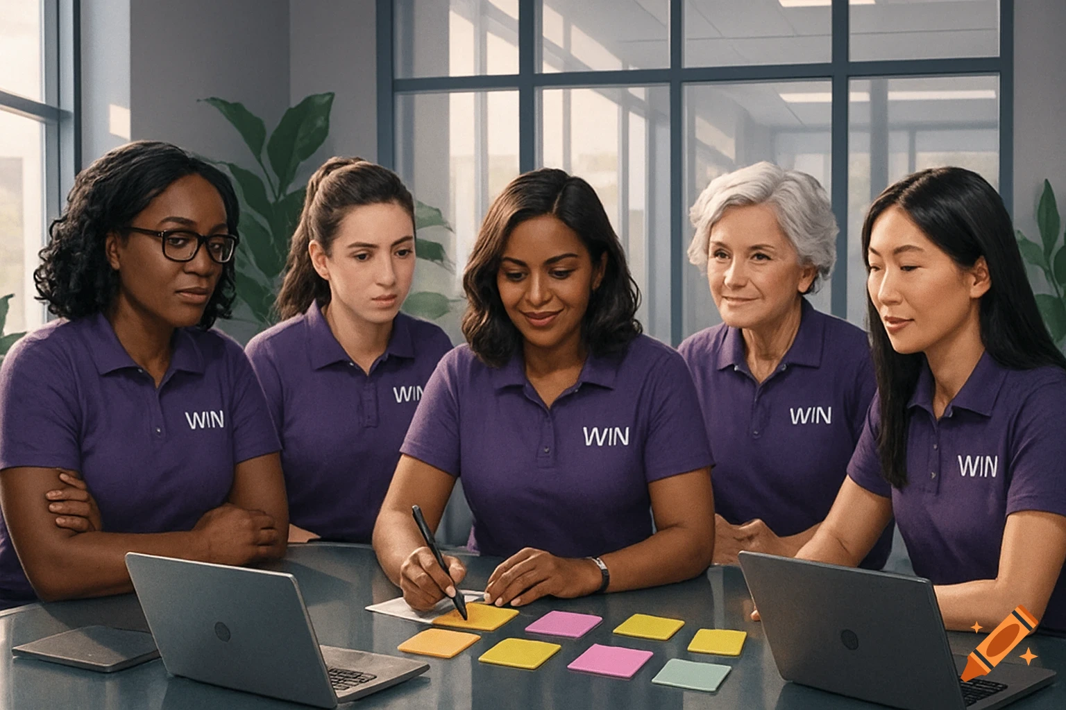 Five diverse women in purple polo shirts with 'WIN' logos collaborate at a table with laptops and sticky notes in an office.