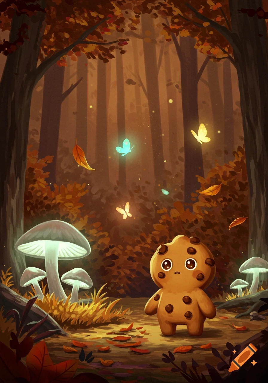 A cute, sad cookie character stands in an autumn forest with glowing mushrooms and butterflies, illustration style.