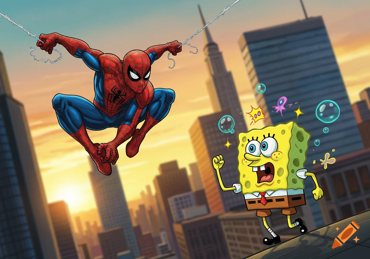 Spider-Man swings through a city as SpongeBob SquarePants runs on a rooftop below, in a vibrant comic book style.