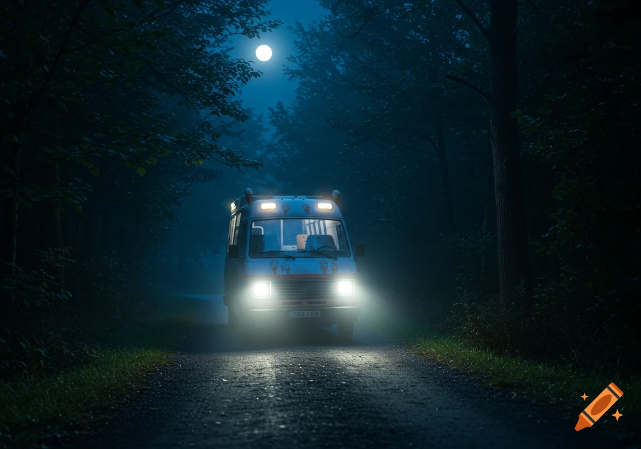 An old ice cream van drives down a dirt road through a dark forest at night, illuminated by headlights and a full moon in the sky.