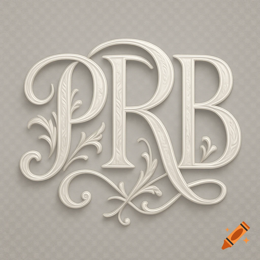Ornate cream-colored monogram with the letters PRB on a light grey textured background.