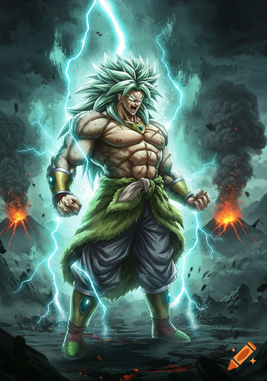 A muscular green-haired anime character, resembling Broly from Dragon Ball, stands powerfully amidst lightning and erupting volcanoes.
