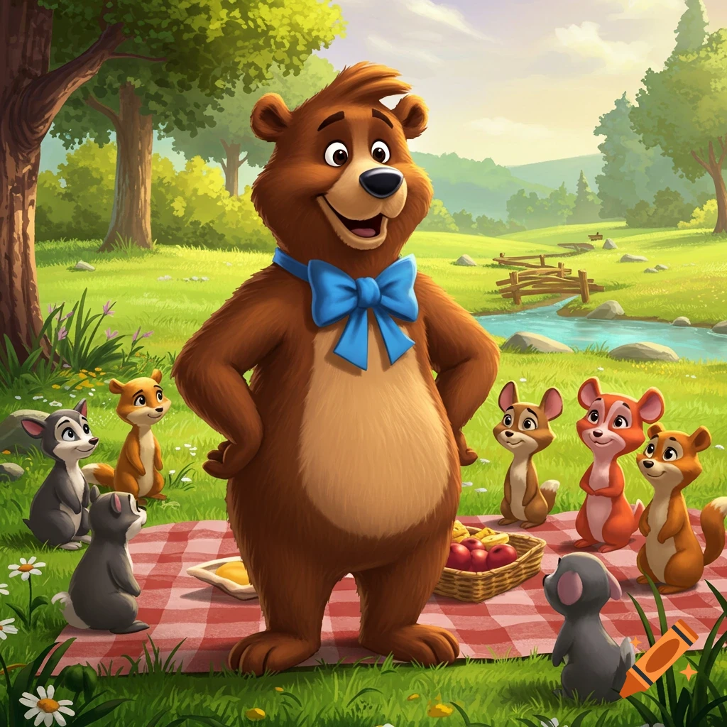 Cartoon bear with a blue bow tie stands on a picnic blanket surrounded by smaller animals in a sunny forest.