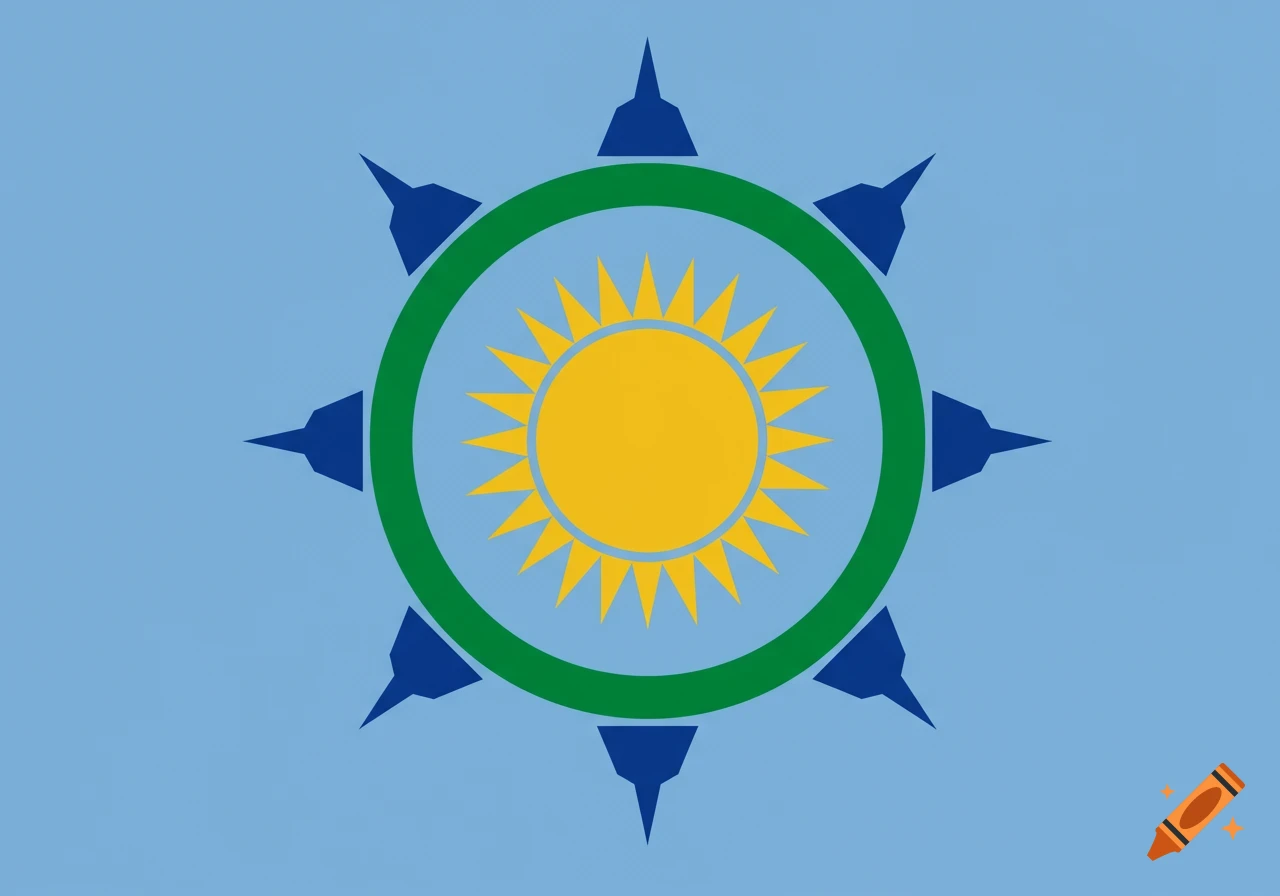 A stylized flag featuring a yellow sun with rays inside a green circle, surrounded by eight blue pointed shapes, all on a light blue background.