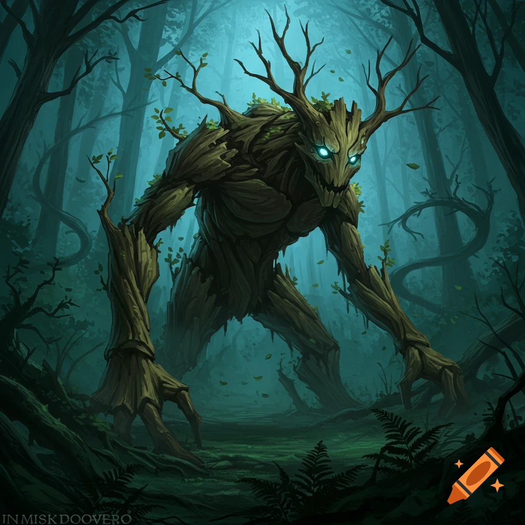 A large, monstrous creature made of twisted tree limbs and branches with glowing blue eyes stands menacingly in a dark, misty forest.