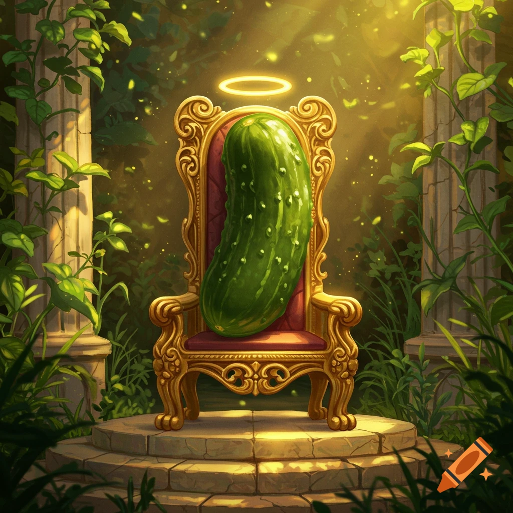 A green pickle with a halo sits on an ornate golden throne in a lush, sunlit, overgrown ancient setting.