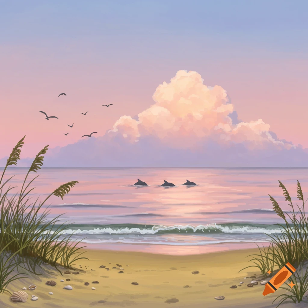 A serene beach scene at sunset with soft pink and purple hues over the ocean. Three dolphins swim in the water, and birds fly in the sky, with sea oats and seashells on the sandy foreground.