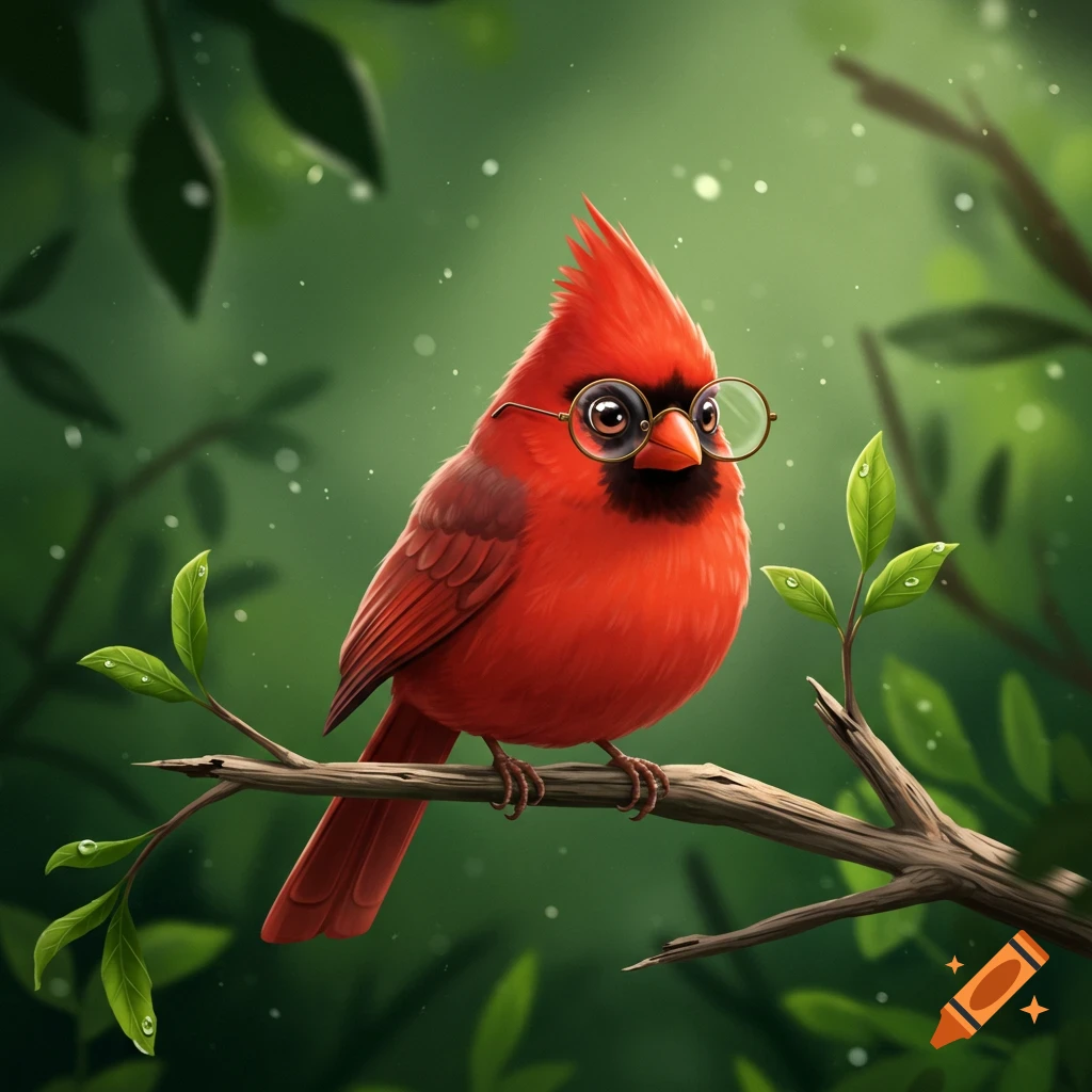 A cute, stylized red cardinal bird wearing round glasses sits on a branch with green leaves against a blurry green background.