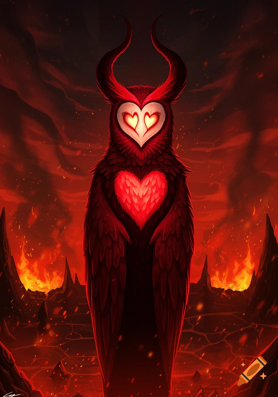 A red anthropomorphic owl demon with horns and glowing heart-shaped eyes and chest stands in a fiery hellscape.