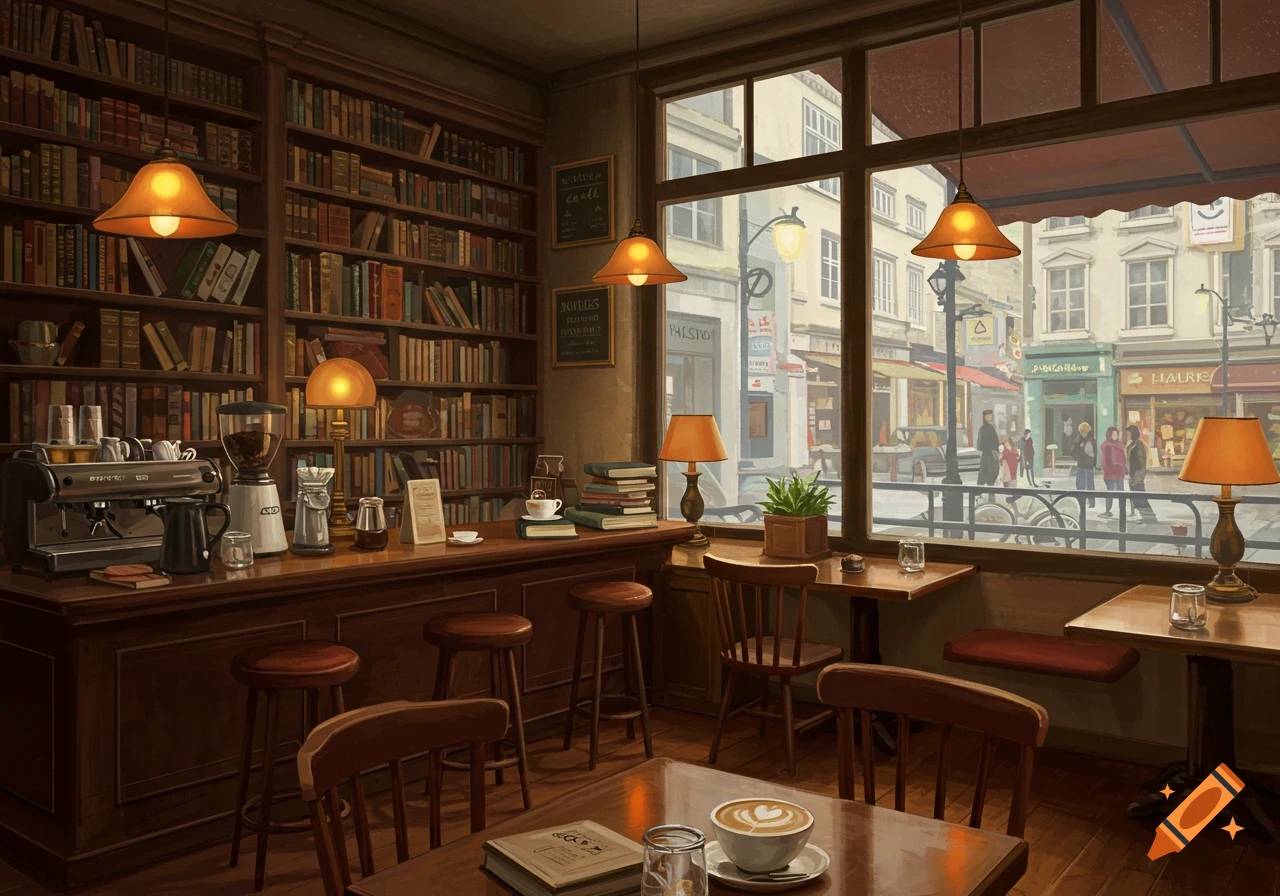 An inviting coffee shop with a large library bookshelf wall and a street view outside, featuring espresso machines and latte art.