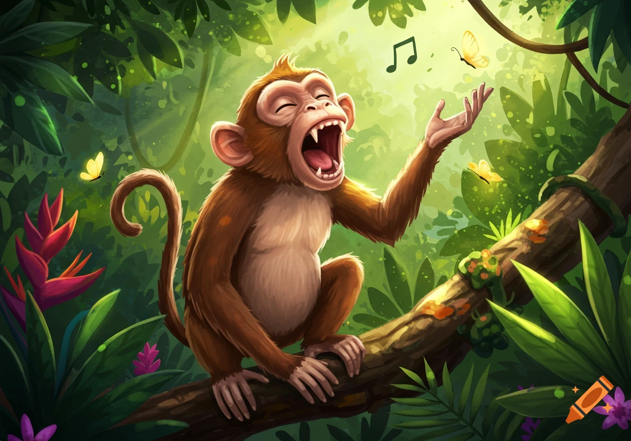 A cartoon monkey with its mouth wide open, singing in a vibrant, lush green jungle with butterflies and musical notes floating in the air.