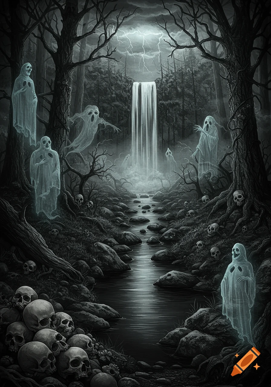 Greyscale gothic art of a spooky forest with ghosts, a waterfall, a stream, and piles of skulls.