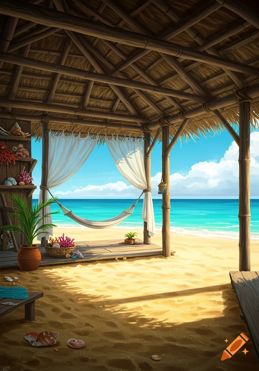 A serene beachside hut with a thatched roof, white curtains, and a hammock, overlooking a turquoise ocean under a blue sky.