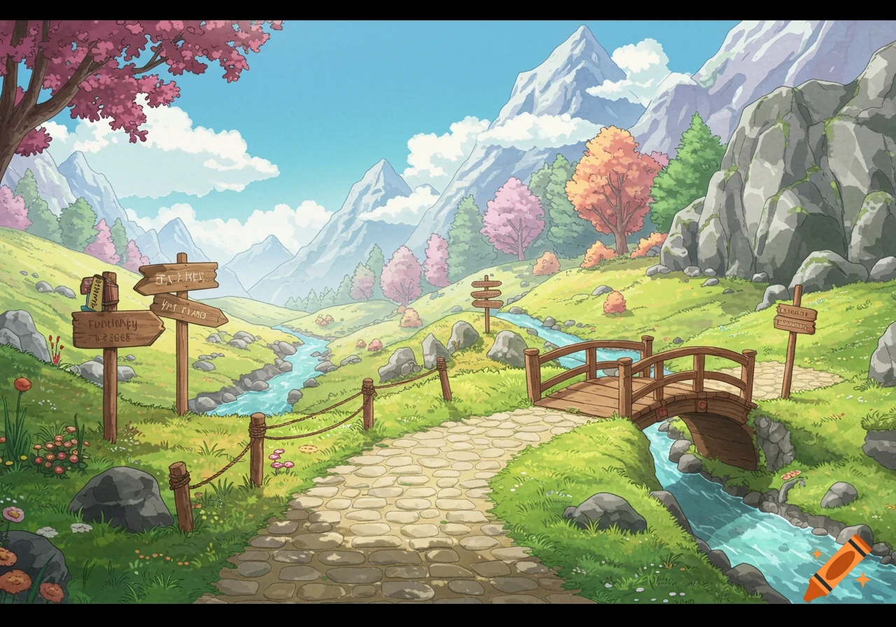 A colorful anime-style mountain landscape with a cobblestone path, a flowing river with a small wooden bridge, and various trees.