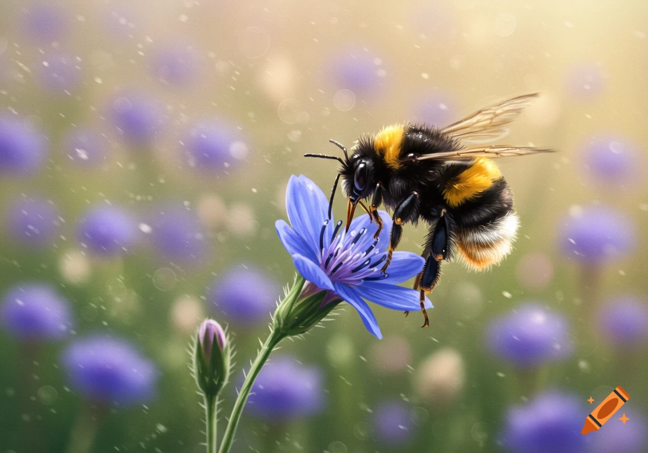 A fluffy bumblebee collecting pollen from a blue flower in a soft-focus meadow.
