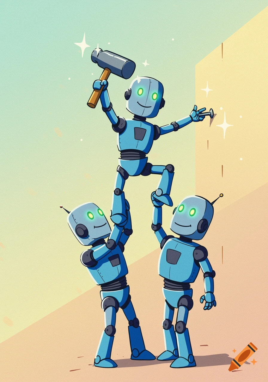 Three blue humanoid robots, two supporting a third, who is hammering a nail into a wall in a cheerful, clipart style.