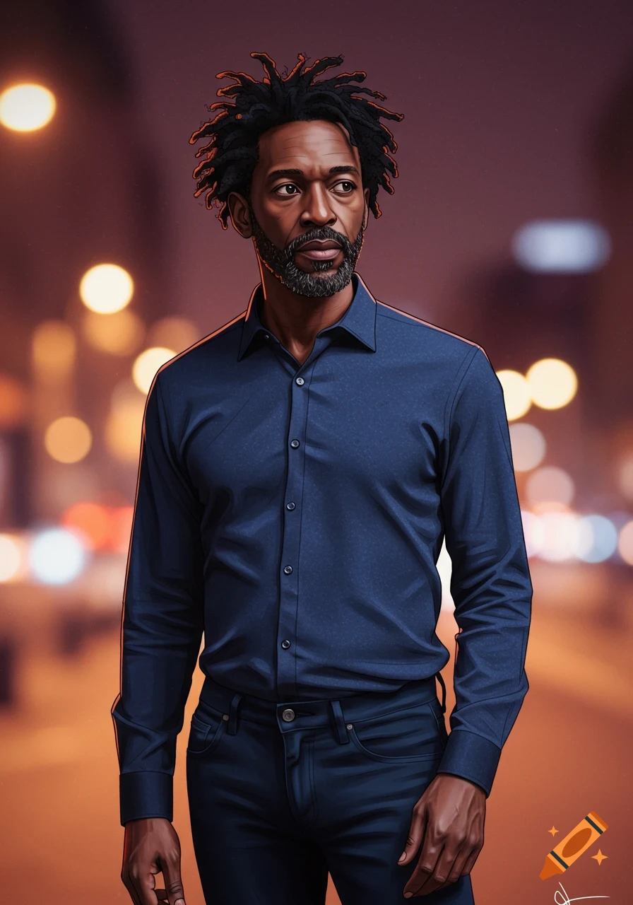 A photorealistic portrait of a Black man with dreadlocks and a beard, wearing a navy collared shirt and jeans, standing on a street with blurred city lights.