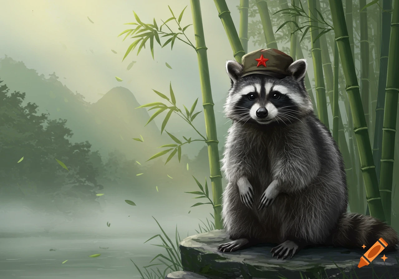 A fluffy raccoon wearing an olive green military hat with a red star stands on a rock in a misty bamboo forest by a lake, illustrated.