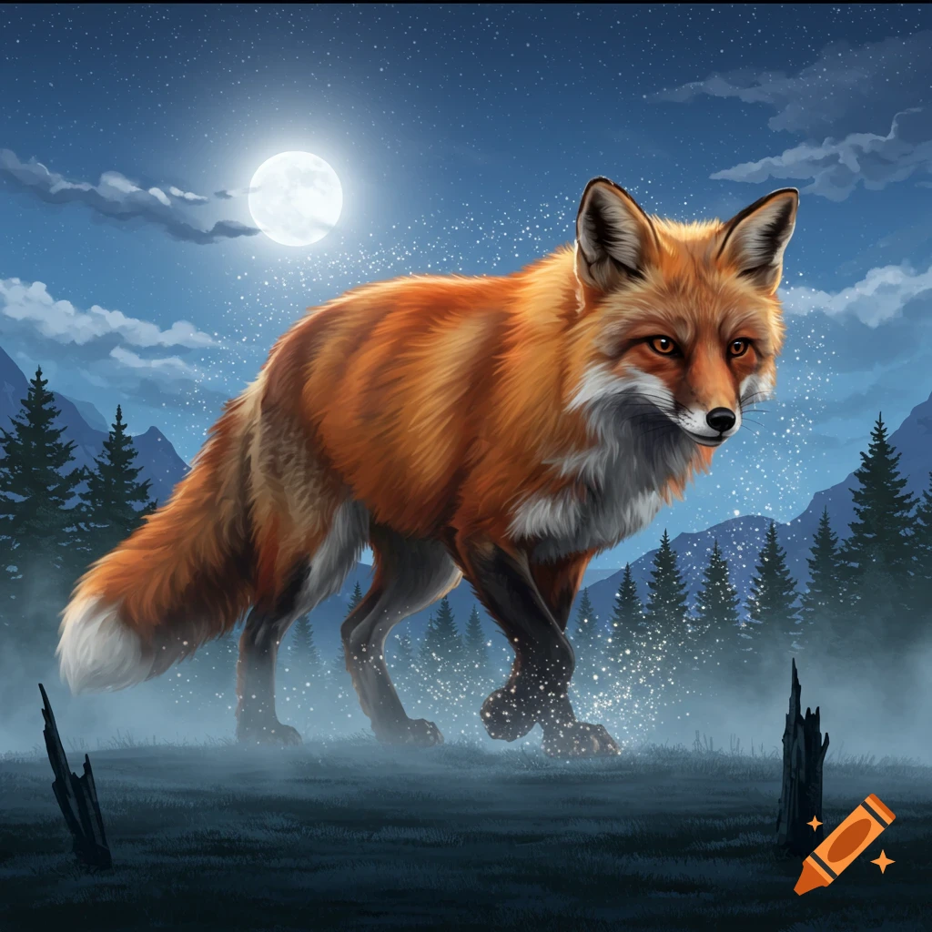 A majestic red fox with glowing fur stands in a misty forest at night under a full moon, with magical sparkles. Illustrated.