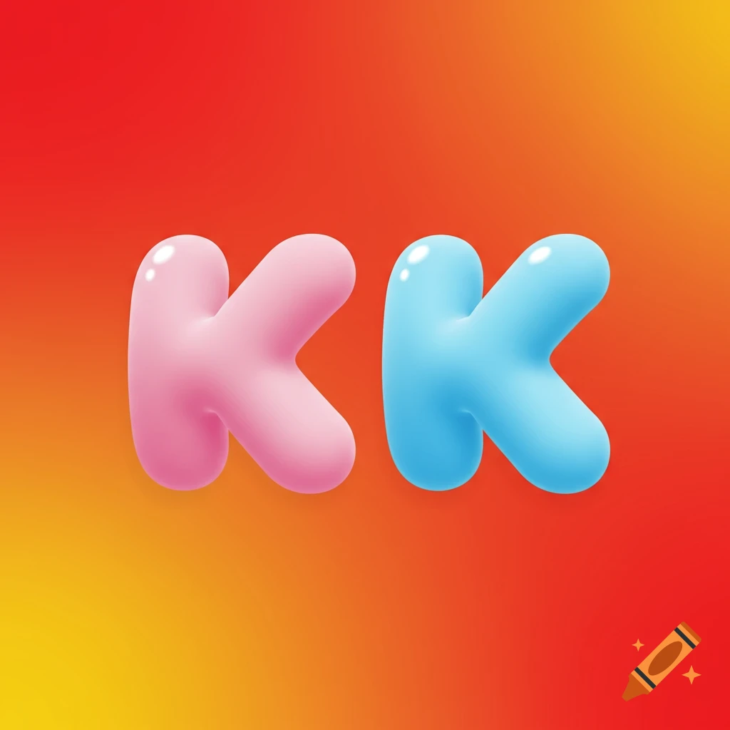 A pink bubble letter K and a blue bubble letter K on a vibrant red and yellow gradient background.