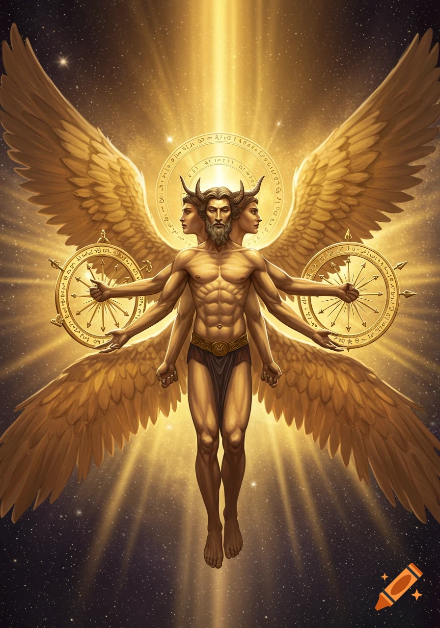 A multi-faced, golden-winged celestial figure with six arms, two holding golden wheels with symbols, floats against a starry backdrop with radiant light.