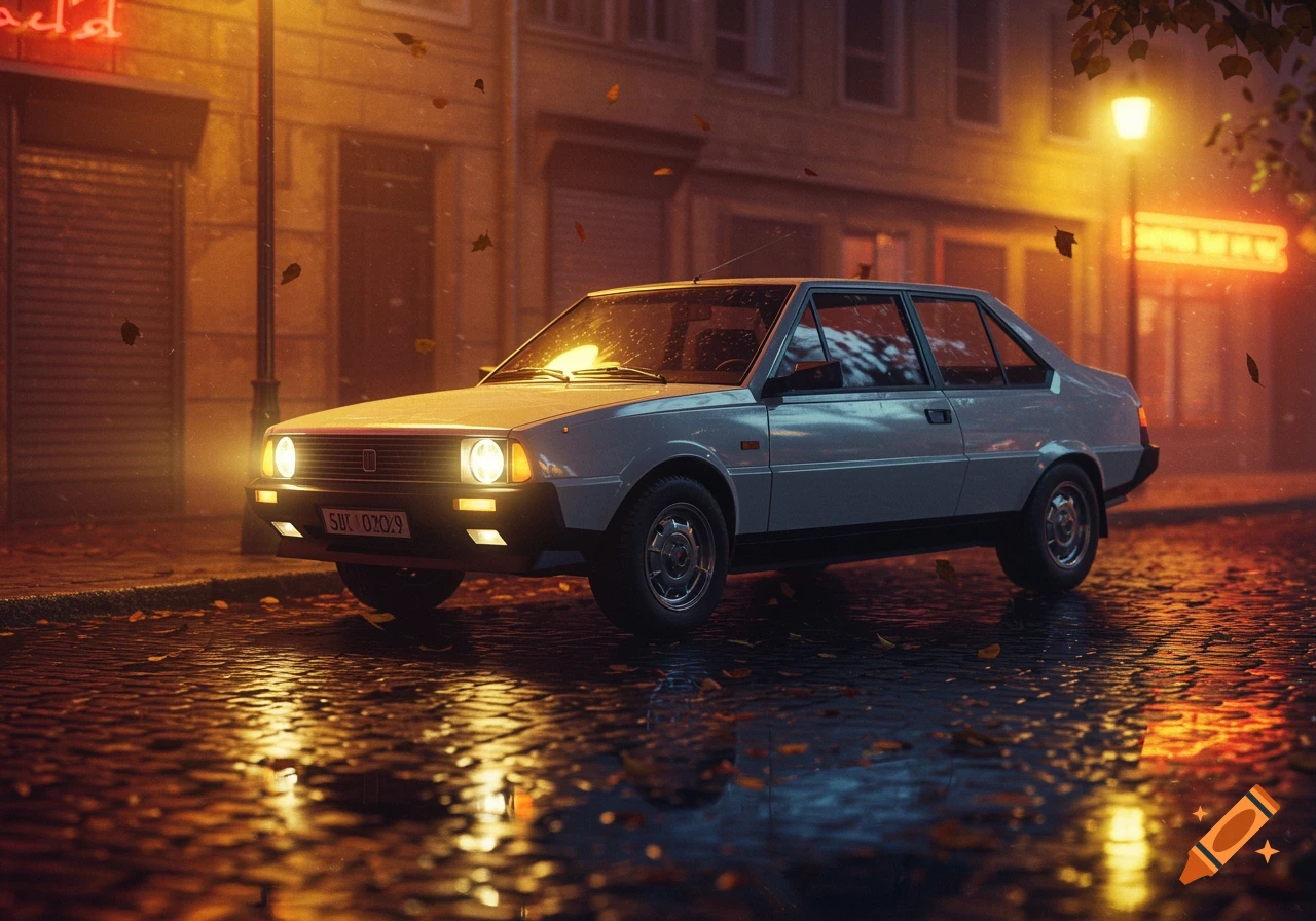 A white classic car parked on a wet, cobblestone city street at night, illuminated by warm lights.