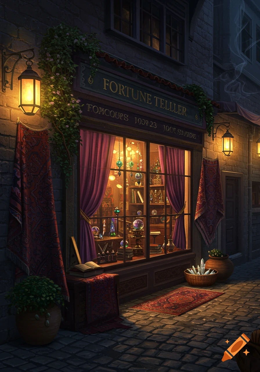 An illuminated fortune teller shop at night with glowing lanterns and mystic items in the window, set on a cobblestone street.