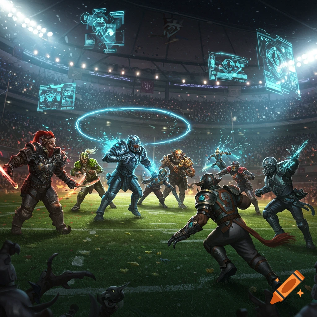 Dynamic illustration of armored fantasy characters playing futuristic football in a stadium under bright lights, with holographic displays.