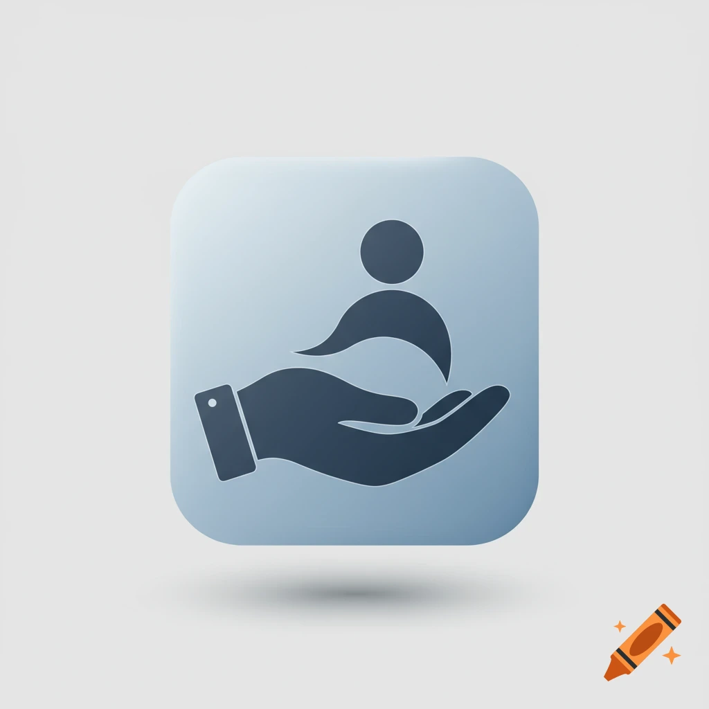 A stylized icon showing a hand cradling a human figure on a light blue rounded square, symbolizing support.