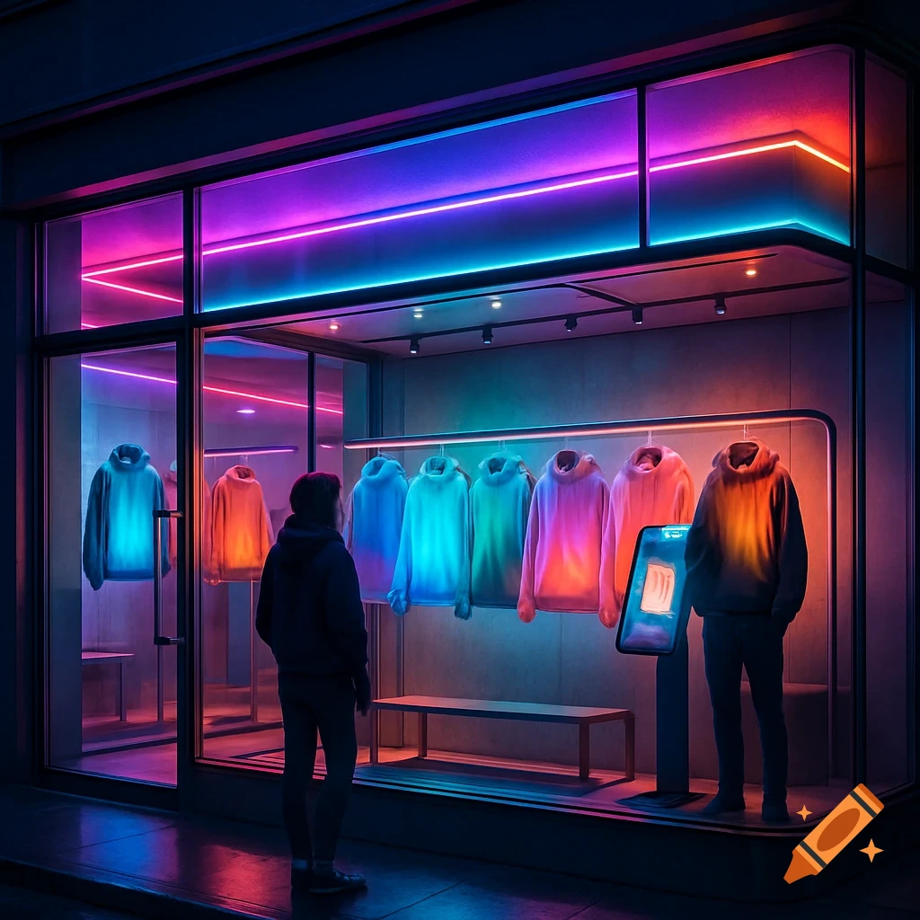 A person views a vibrant storefront at night, featuring neon-lit hoodies on mannequins in a modern retail display.