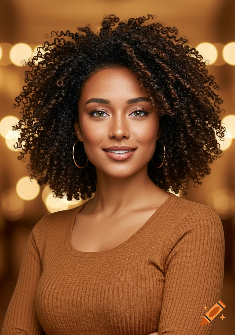 Photorealistic portrait of a smiling mixed woman with curly hair and green eyes, wearing a brown top, against a blurred bokeh background.