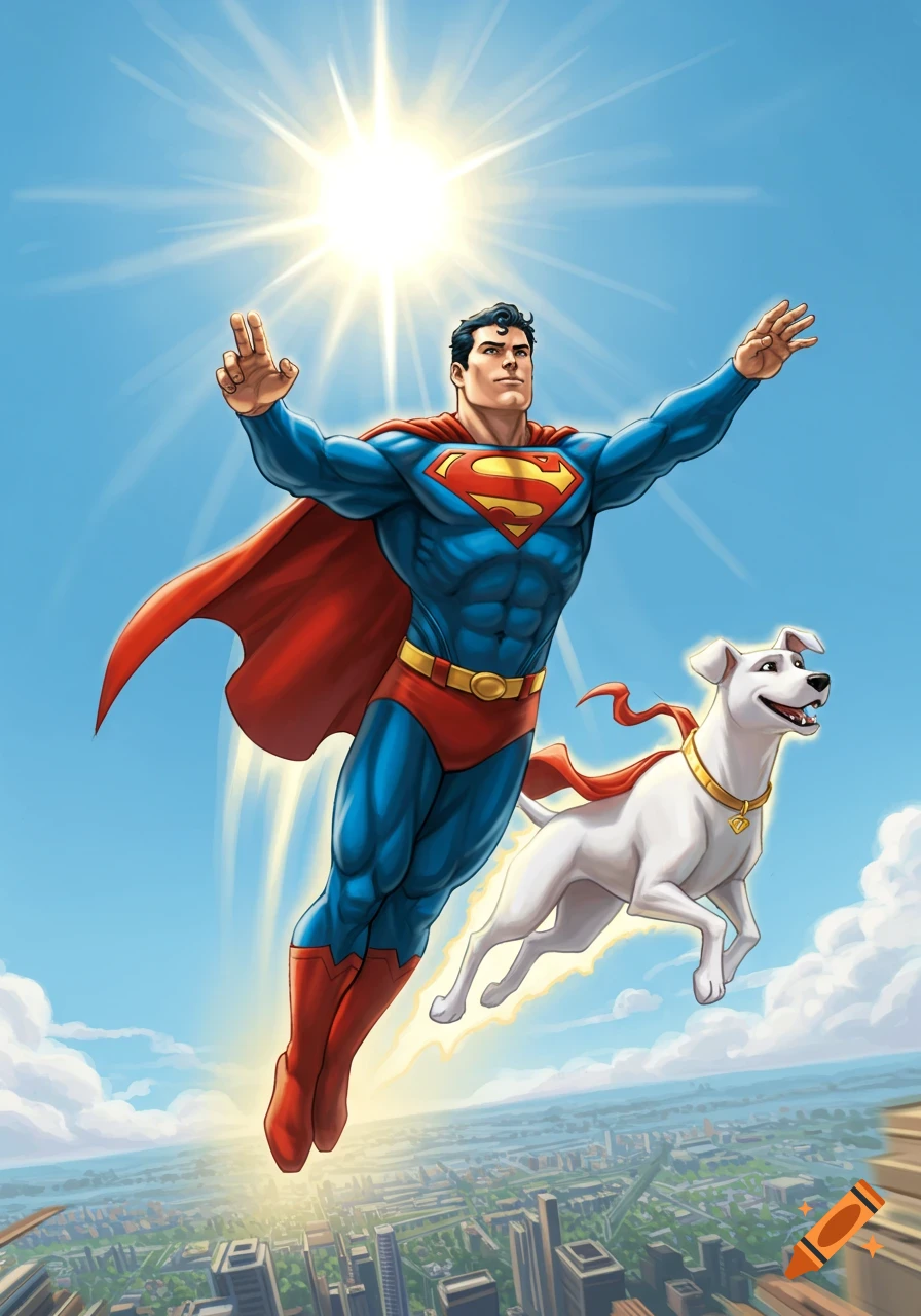 Superman and Krypto the Superdog fly side-by-side above a city, bathed in bright sunlight, in a vibrant comic book art style.