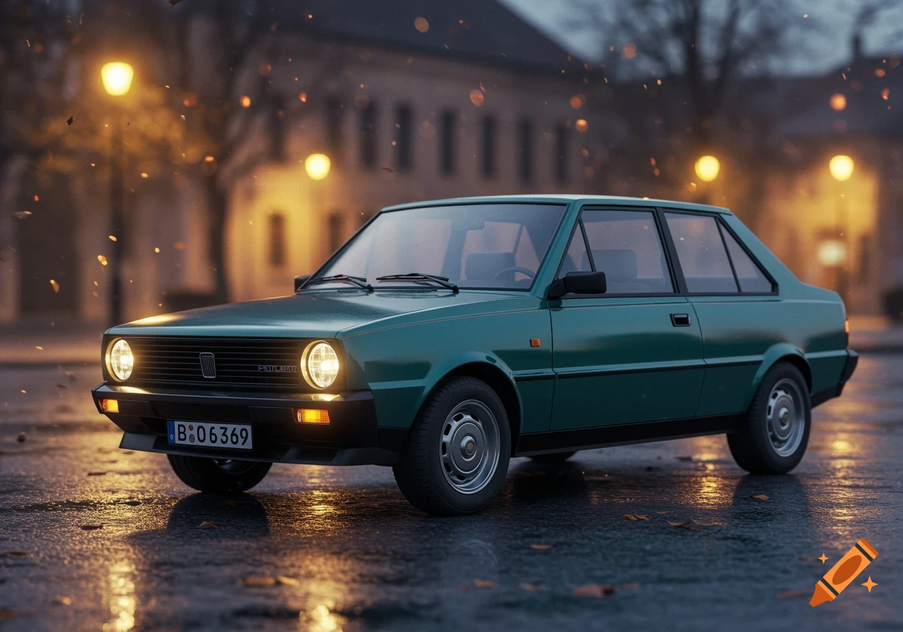 A teal FSO Polonez Caro car parked on a wet street at night with glowing streetlights in the background.