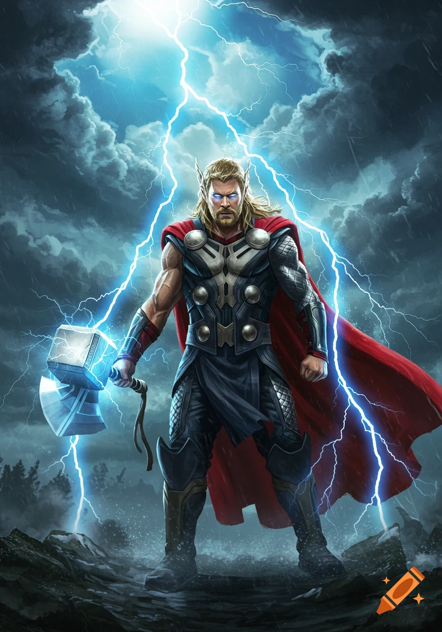 Thor stands powerfully amidst a lightning storm, holding Mjolnir with glowing eyes in a dynamic comic book art style.
