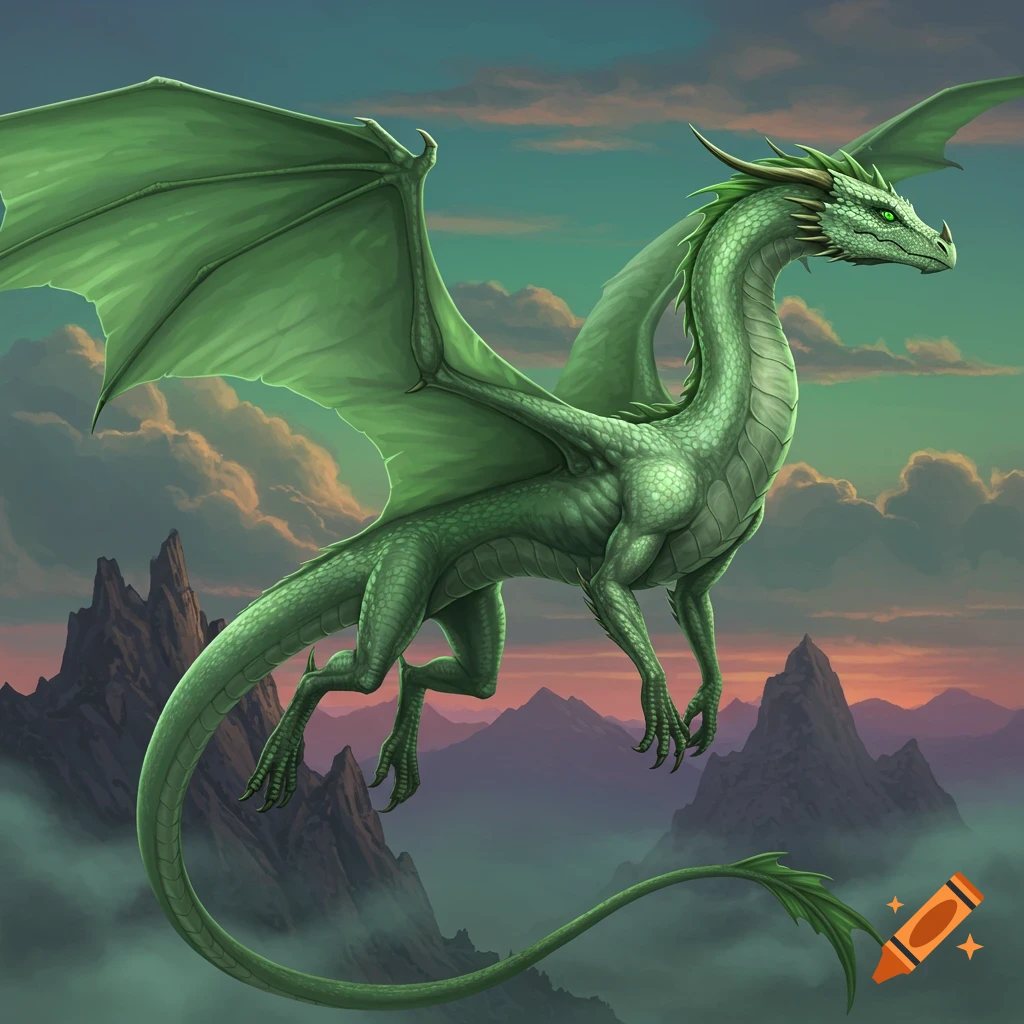 A vibrant green dragon with large wings flies against a sunset sky over misty mountains in a fantasy style.