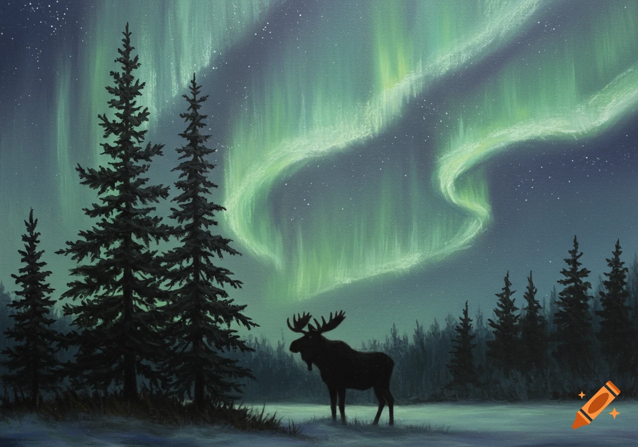 Pastel painting of a moose under the aurora borealis, framed by spruce trees in a snowy landscape.