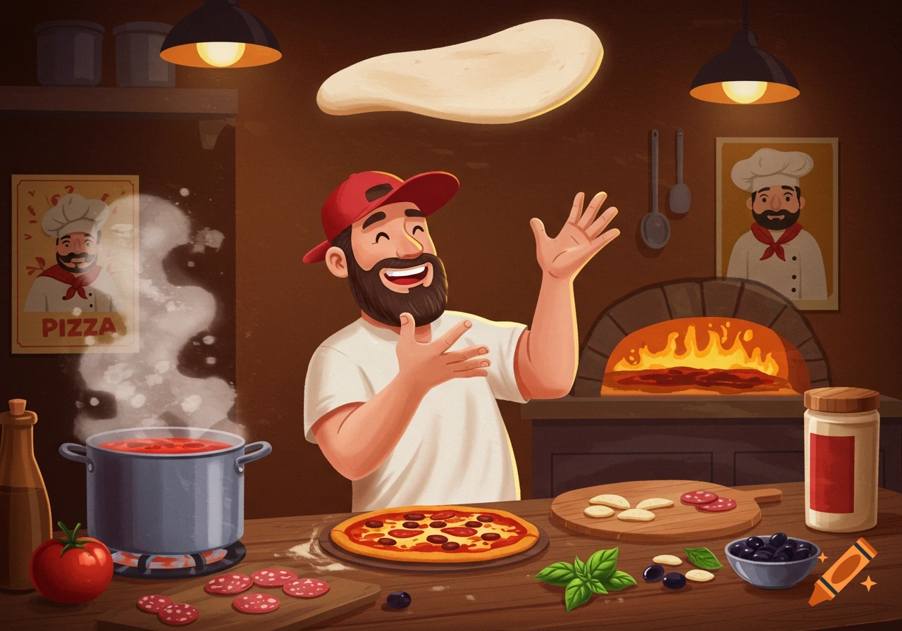A cartoon man in a red cap and white shirt happily tosses pizza dough in a kitchen, with a wood-fired oven, a cooked pizza, and fresh ingredients on the counter.