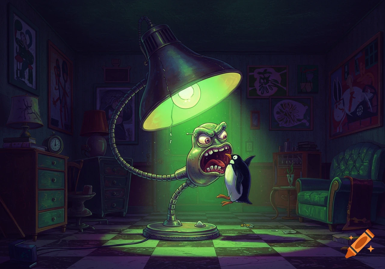 A cartoonish, disgruntled green lamp with a monstrous face eats a penguin in a dark, stylized room.