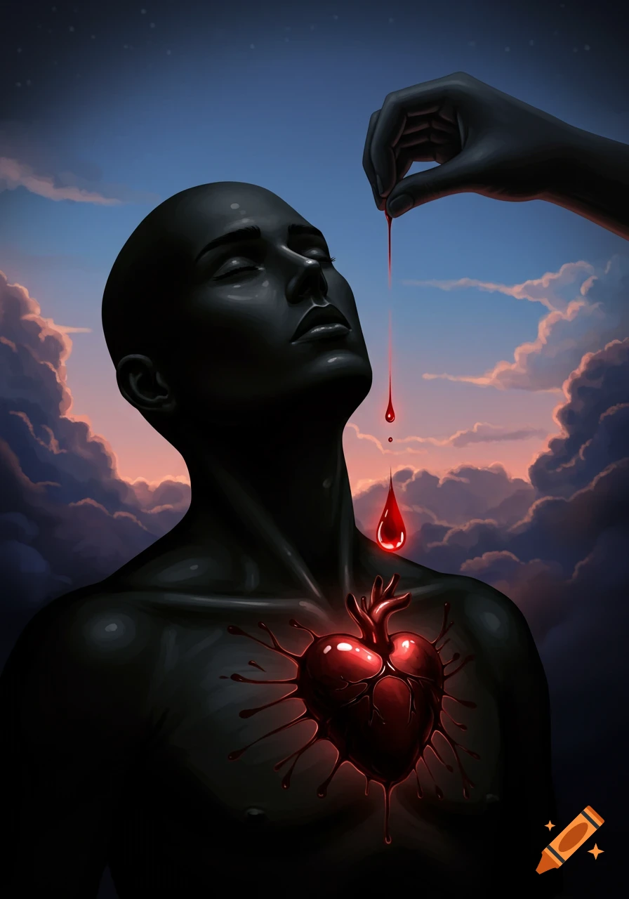 A stylized dark figure with an exposed glowing heart, catching drops of blood from a hand against a cloudy twilight sky.