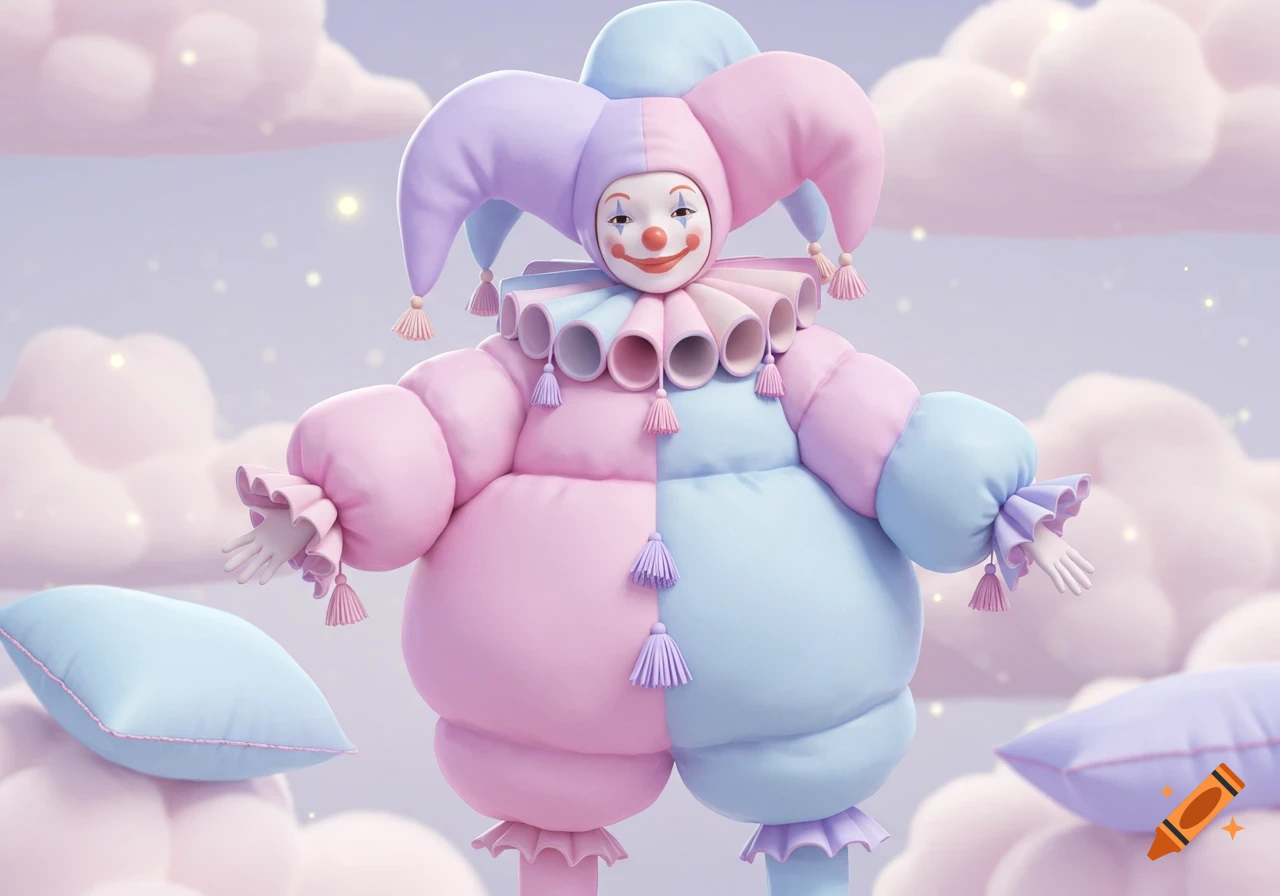 A whimsical pastel pink and blue clown character with a jester hat and ruffled collar, standing amongst soft pink clouds and blue pillows.